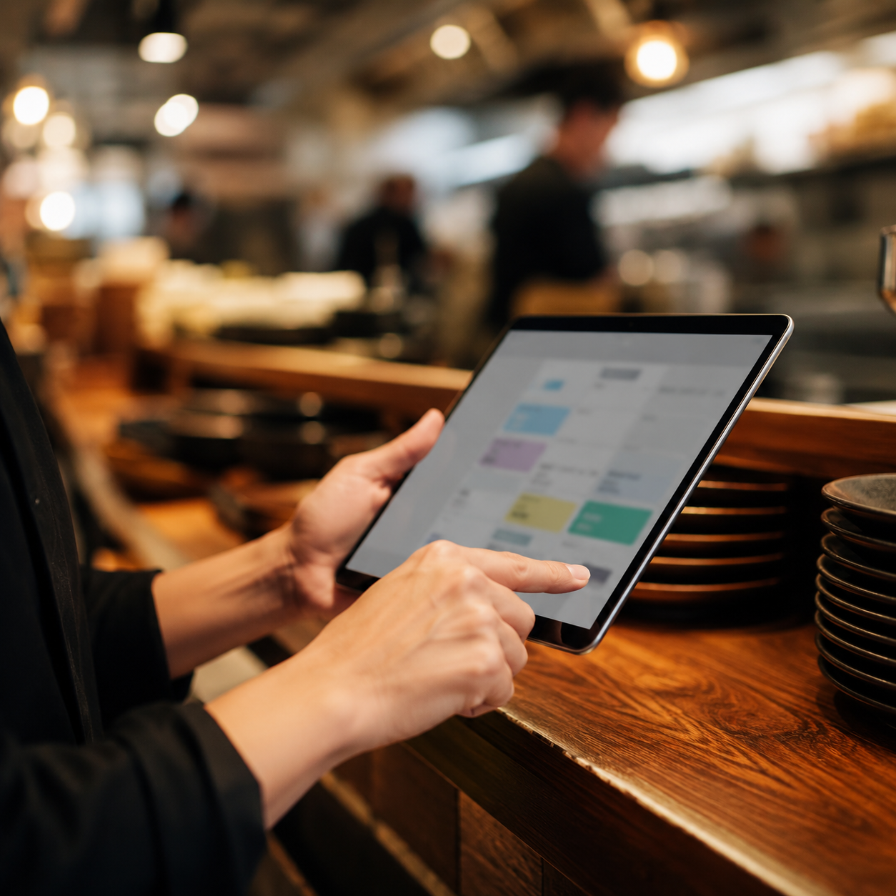 Profissional de restauração a utilizar um tablet no balcão